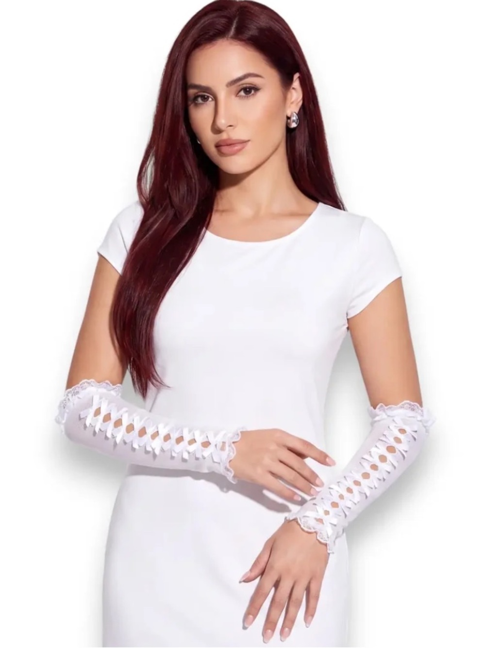 White Lace-Up Long Arm Warmers - Arm Sleeves Covers Elegant Accessory